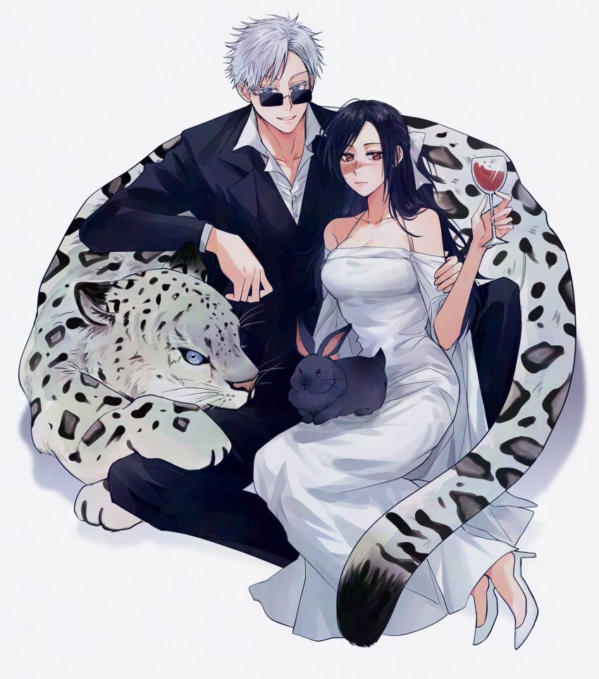 1boy 1girl alcohol animal animal_on_lap bare_shoulders beer beer_mug black_hair black_pants black_rabbit_(animal) black_suit black_vest blue_eyes bow breasts brown_eyes burn_scar cleavage collarbone collared_shirt cup dress facial_mark formal_clothes glass gojou_satoru grey_background grin hair_bow hair_ribbon half_updo hand_on_another&#039;s_arm high_heels highres holding holding_cup iori_utahime jujutsu_kaisen leopard long_dress long_hair looking_at_viewer looking_to_the_side male_focus matchi_(ginger.8) mug on_lap pants rabbit ribbon scar scar_on_face shirt short_hair sitting smile spiked_hair suit sunglasses vest white_bow white_dress white_hair white_high_heels white_ribbon white_shirt