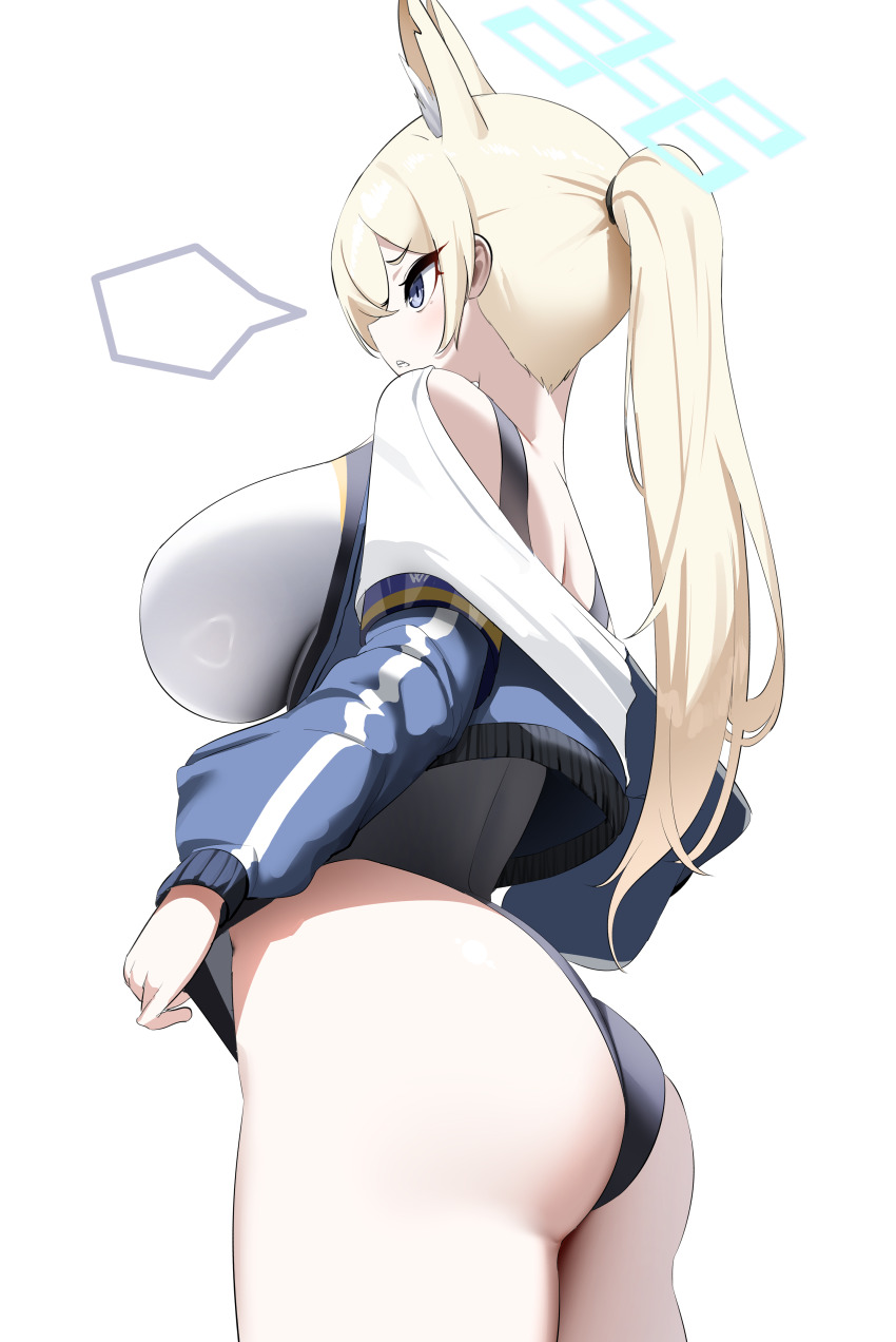 1girl absurdres animal_ear_fluff animal_ears ass blonde_hair blue_archive blue_eyes blue_halo blue_jacket breasts clenched_teeth competition_swimsuit cowboy_shot dog_ears halo highres jacket kanna_(blue_archive) kanna_(swimsuit)_(blue_archive) large_breasts long_hair long_sleeves nicorima official_alternate_costume one-piece_swimsuit open_clothes open_jacket ponytail simple_background solo swimsuit teeth white_background white_one-piece_swimsuit