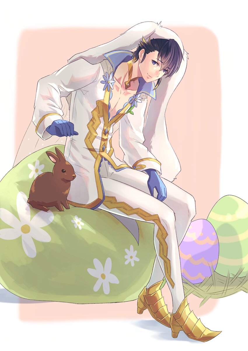 1boy alfonse_(fire_emblem) alfonse_(spring_prince)_(fire_emblem) animal_ears blue_eyes blue_flower blue_hair egg fire_emblem fire_emblem_heroes flower highres nintendo official_alternate_costume pink_background rabbit rabbit_ears riou_(pooh920) sitting
