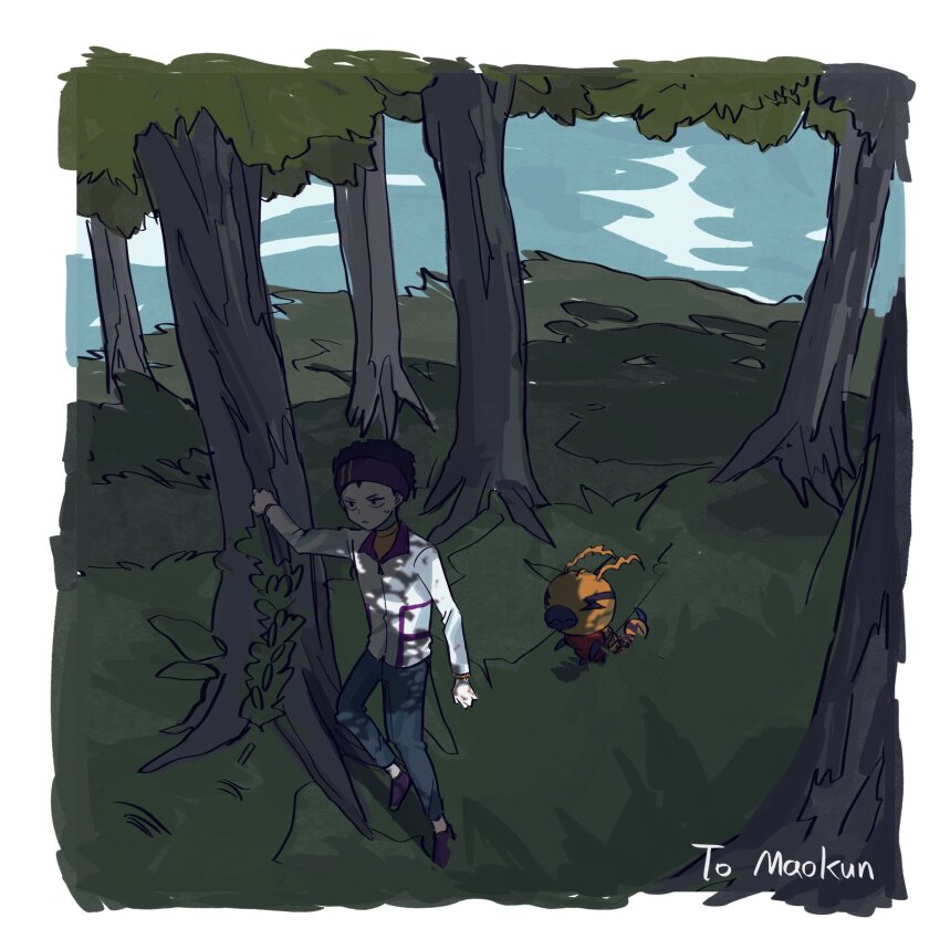 antennae bandana bug digimon digimon_(creature) grass highres kunemon tominaga_ryo tree walking