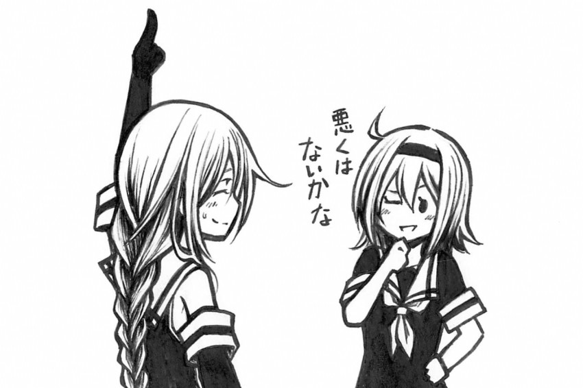 2girls bad_id bad_pixiv_id blush braid braided_ponytail breasts closed_eyes commentary_request elbow_gloves gloves greyscale hair_between_eyes hairband hand_on_own_chin hand_on_own_hip kamina_pose kantai_collection long_hair looking_at_another medium_breasts monochrome multiple_girls neckerchief nib_pen_(medium) one_eye_closed open_mouth pen_(medium) pointing pointing_up school_uniform serafuku shiratsuyu_(kancolle) short_sleeves sidelocks simple_background sweatdrop todoroki traditional_media translation_request umikaze_(kancolle) white_background