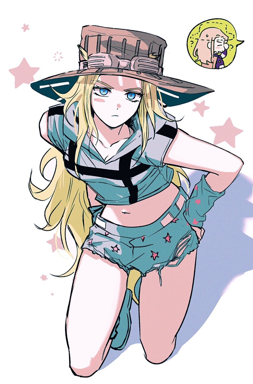 1boy 1girl adapted_costume bestcondition14 blonde_hair blue_eyes brown_hat commentary_request genderswap genderswap_(mtf) goggles goggles_on_headwear grey_hoodie grey_shorts gyro_zeppeli hat highres hood hood_down hoodie johnny_joestar jojo_no_kimyou_na_bouken kneeling long_hair midriff navel short_shorts shorts sleeveless sleeveless_hoodie star_(symbol) star_print steel_ball_run torn_clothes torn_shorts wristband