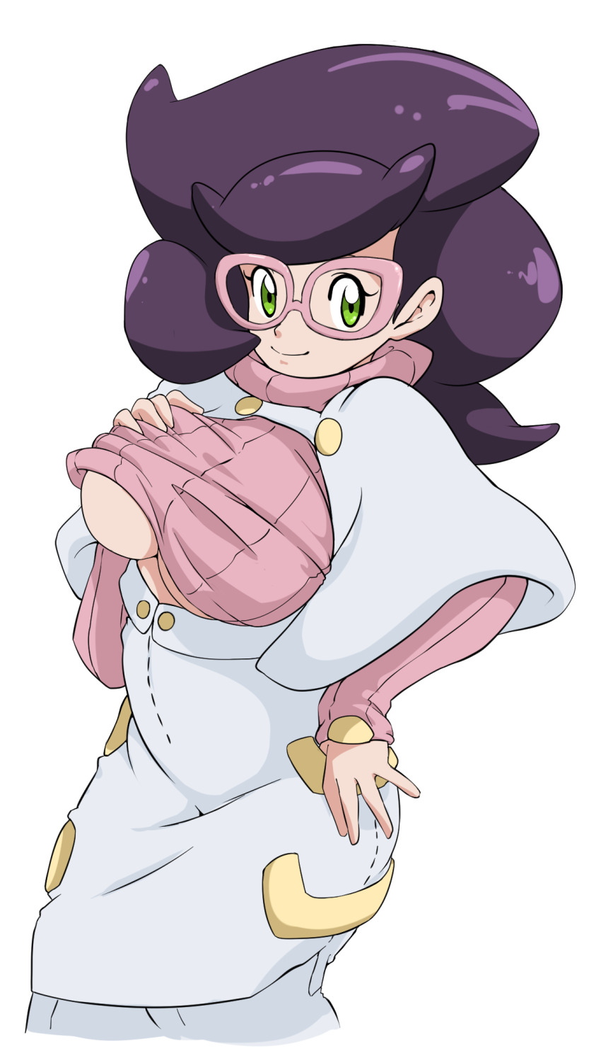 1girl breasts caisama glasses green_eyes highres large_breasts nintendo pokemon pokemon_sm purple_hair smile wicke_(pokemon)