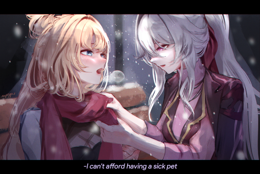 2girls alternate_costume bench blonde_hair blue_eyes blurry blurry_background breasts breath bright_pupils cleavage commentary english_text highres honkai_(series) honkai_impact_3rd jacket jacket_on_shoulders letterboxed light_blush long_hair looking_at_another medium_breasts multiple_girls nyeppu open_mouth outdoors pink_shirt purple_eyes red_jacket red_scarf scarf shirt signature snowing songque songque_(astralop) thelema_nutriscu turtleneck turtleneck_shirt upper_body white_hair white_pupils winter