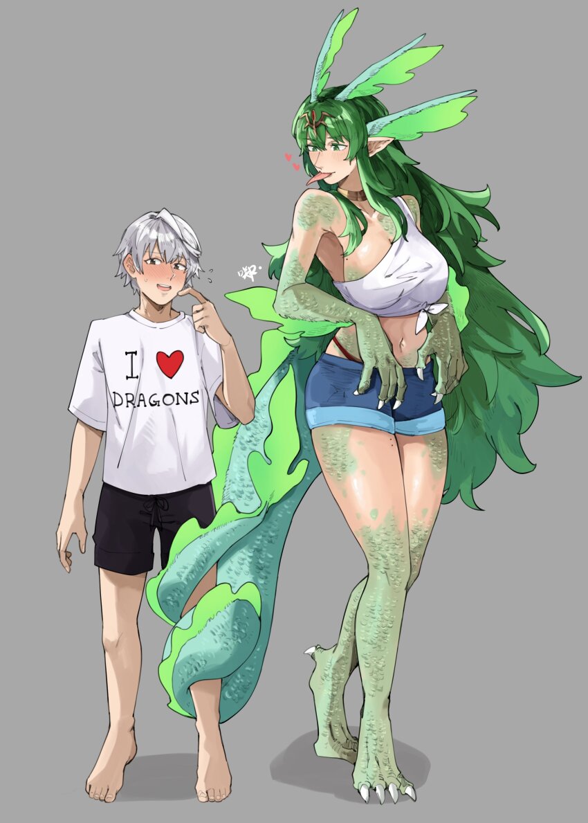 1boy 1girl absurdres alternate_form claws clothes_writing crop_top denim denim_shorts dragon_girl dragon_tail fire_emblem fire_emblem_awakening front-tie_top green_hair grey_hair highres long_hair long_tongue male_robin_(fire_emblem) nintendo pointy_ears sakuremi scales short_shorts shorts single_strap standing tail tail_wrap tall_female talons thong tiki_(adult)_(fire_emblem) tiki_(fire_emblem) tongue very_long_hair