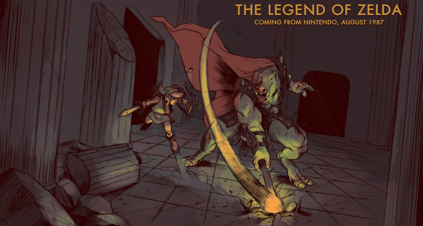 2boys battle black_cape blonde_hair blue_tunic boots cape column commentary copyright_name english_commentary ganon holding holding_shield holding_sword holding_weapon link monster multiple_boys nathan_anderson nintendo pillar pointy_hat shield sword the_legend_of_zelda the_legend_of_zelda_(nes) tile_floor tiles tunic weapon