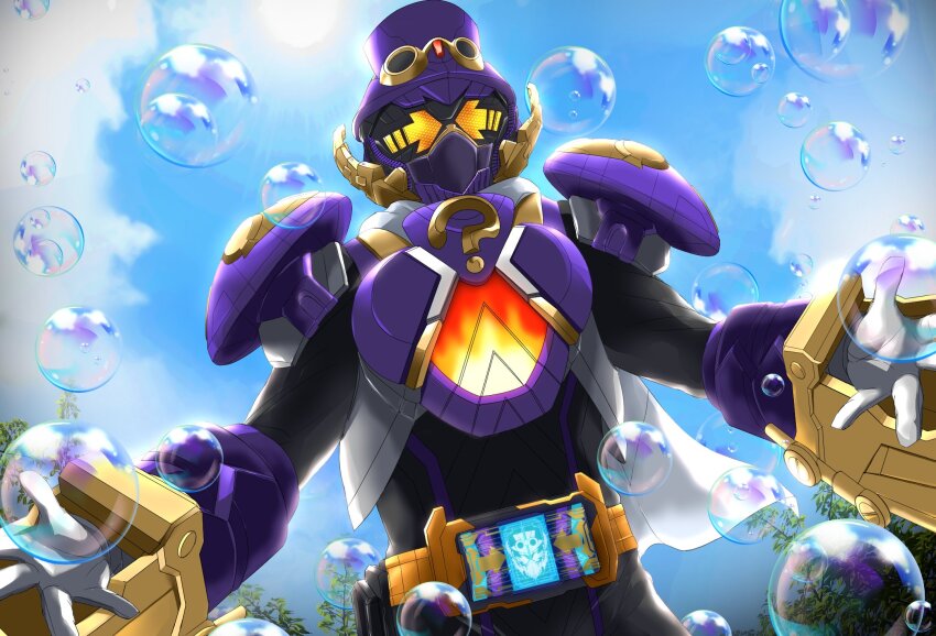 1boy armor black_bodysuit blue_sky bodysuit compound_eyes dokkiri_shovel rider_belt excavator gauntlets gloves gotcha_driver highres kamen_rider kamen_rider_gotchard kamen_rider_gotchard_(series) magician male_focus miyabi_(037) open_hands orange_eyes outstretched_arms purple_armor rider_belt sky spread_arms tokusatsu white_gloves