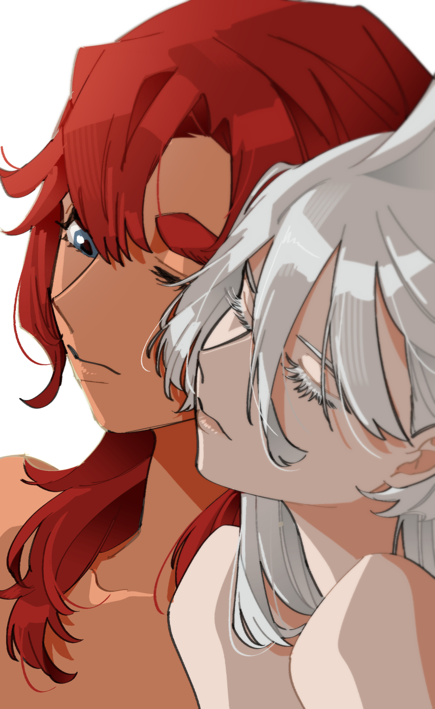 2girls absurdres blue_eyes closed_mouth commentary gundam gundam_suisei_no_majo highres korean_commentary long_hair miorine_rembran multiple_girls nude one_eye_closed red_hair simple_background snapagi suletta_mercury white_background white_hair yuri