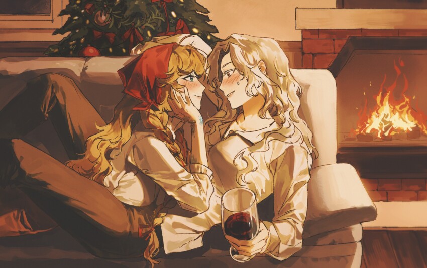 2girls alcohol blonde_hair blue_eyes blush brown_pants christmas_tree couch couple cup drinking_glass eye_contact face-to-face feet_out_of_frame fire fireplace firewood grin gyeol_124 hand_on_own_cheek hand_on_own_face headscarf highres holding holding_cup indoors long_hair looking_at_another lying lying_on_another multiple_girls on_back on_couch on_stomach pants profile red_headscarf reverse:1999 scales shirt smile sweat vila_(reverse:1999) white_hair white_shirt windsong_(reverse:1999) wine wine_glass wooden_floor yuri
