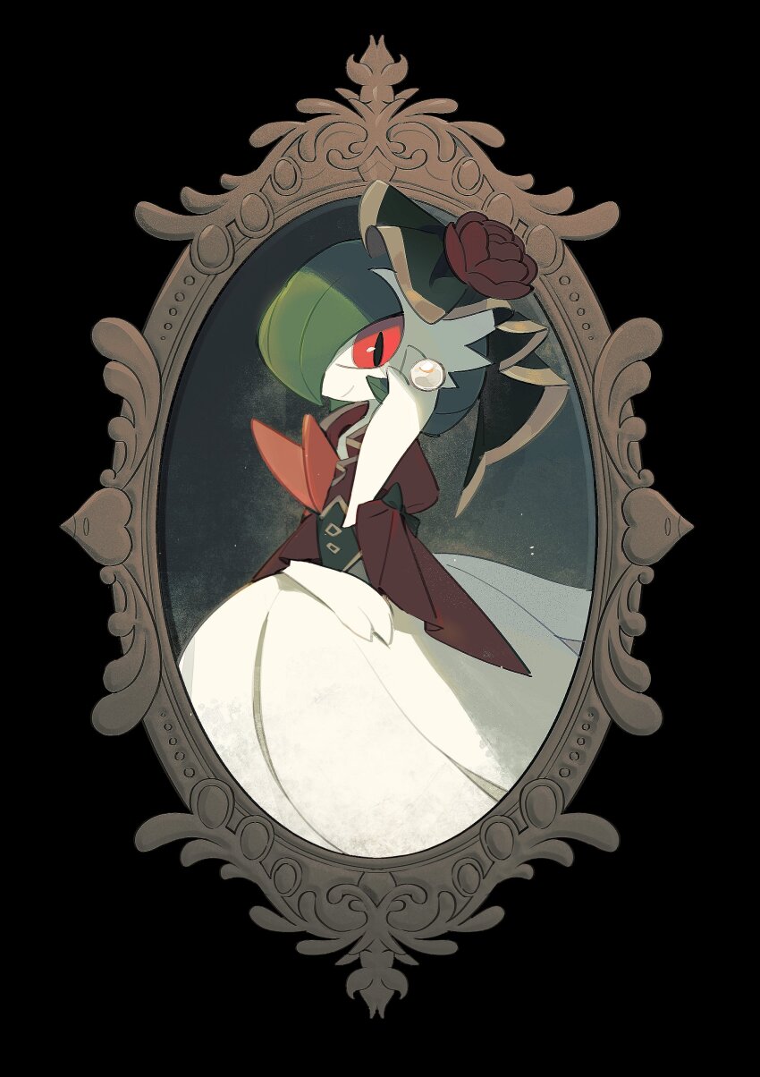 absurdres black_border border closed_mouth clothed_pokemon colored_skin flipped_hair flower gardevoir gen_3_pokemon green_hair hand_up highres lanjiujiu nintendo pokemon pokemon_(creature) red_eyes red_flower sideways_glance smile solo white_skin