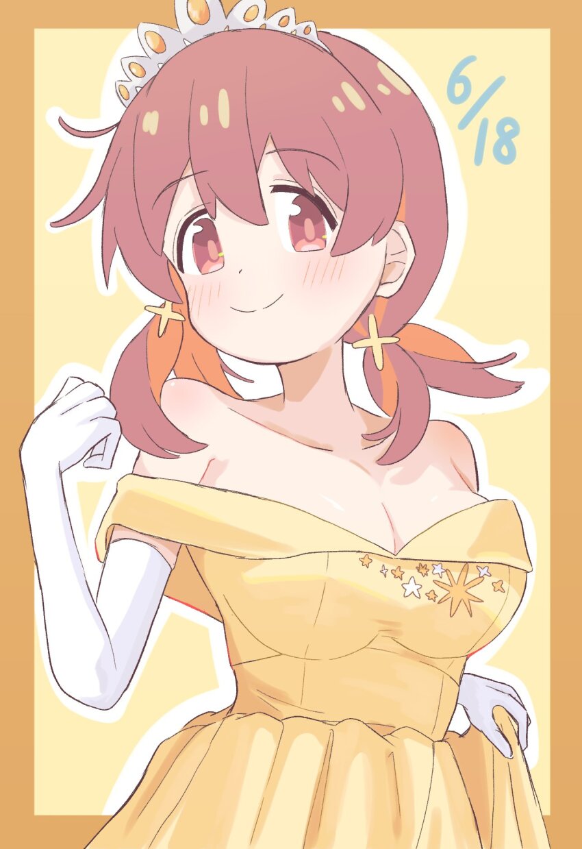 1girl alternate_costume bare_shoulders border breasts brown_eyes brown_hair cleavage collarbone commentary dated dot_nose dress elbow_gloves gloves hair_between_eyes highres large_breasts light_blush looking_at_viewer low_twintails multicolored_hair murosaki_miyo off-shoulder_dress off_shoulder onii-chan_wa_oshimai! orange_border outline outside_border red_hair riannn_desu simple_background skirt_hold smile solo tiara twintails two-tone_hair upper_body white_outline yellow_background yellow_dress