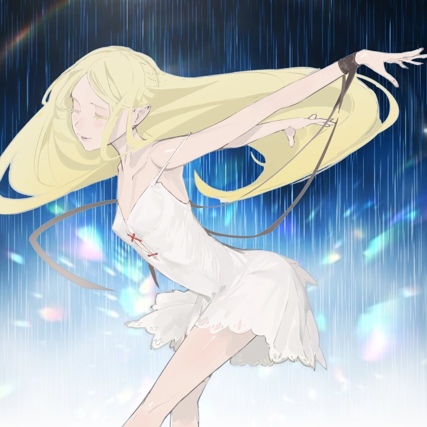 1girl absurdres bare_shoulders black_ribbon blonde_hair closed_eyes collarbone dress highres kiss-shot_acerola-orion_heart-under-blade kizumonogatari long_hair monogatari_(series) oshino_shinobu pointy_ears rain ribbon shishirui_san solo strap_slip vampire very_long_hair white_dress wrist_ribbon