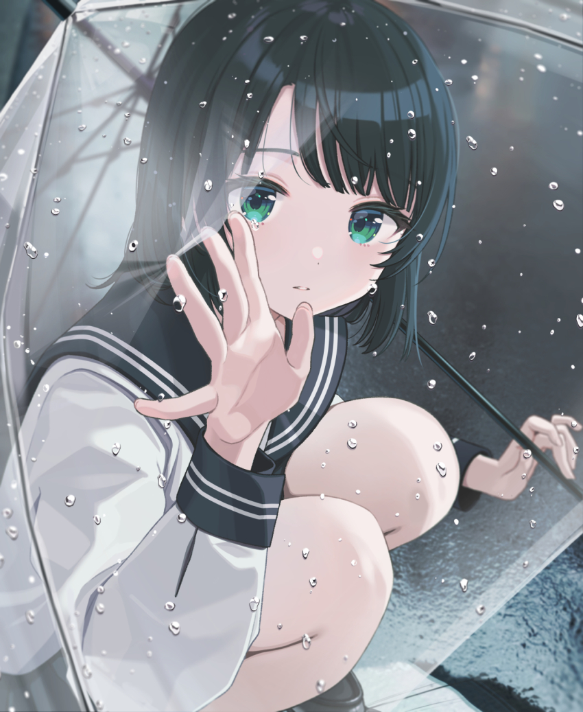 1girl aqua_eyes highres long_hair looking_at_viewer official_art original parasol rain sailor_collar shigure_ui solo thick_eyelashes umbrella