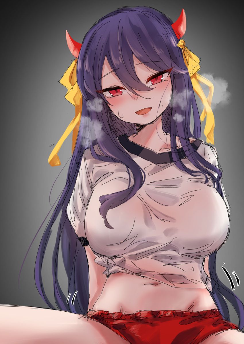 1girl black_background blush breasts brown_dust brown_dust_(series) brown_dust_2 buruma demon_horns feet_out_of_frame gradient_background groin gym_uniform hair_between_eyes heavy_breathing highres horns large_breasts levia_(brown_dust) long_hair looking_at_viewer motion_lines navel open_mouth purple_hair red_buruma red_eyes red_horns shirt sin_seishun solo spread_legs steaming_body sweat underwear very_long_hair very_sweaty white_shirt
