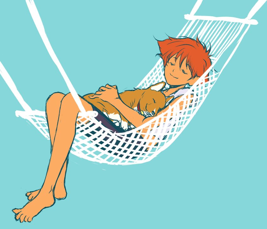 1girl animal animal_collar animal_hug aqua_background barefoot bike_shorts black_shorts brown_dog closed_eyes closed_mouth collar cowboy_bebop dark-skinned_female dark_skin dog edward_wong_hau_pepelu_tivrusky_iv ein_(cowboy_bebop) full_body hammock hand_on_animal highres holding holding_animal holding_dog lying nap on_back on_hammock red_collar red_hair shirt short_hair short_sleeves shorts simple_background sleeping solo tobalin toes tomboy welsh_corgi white_shirt