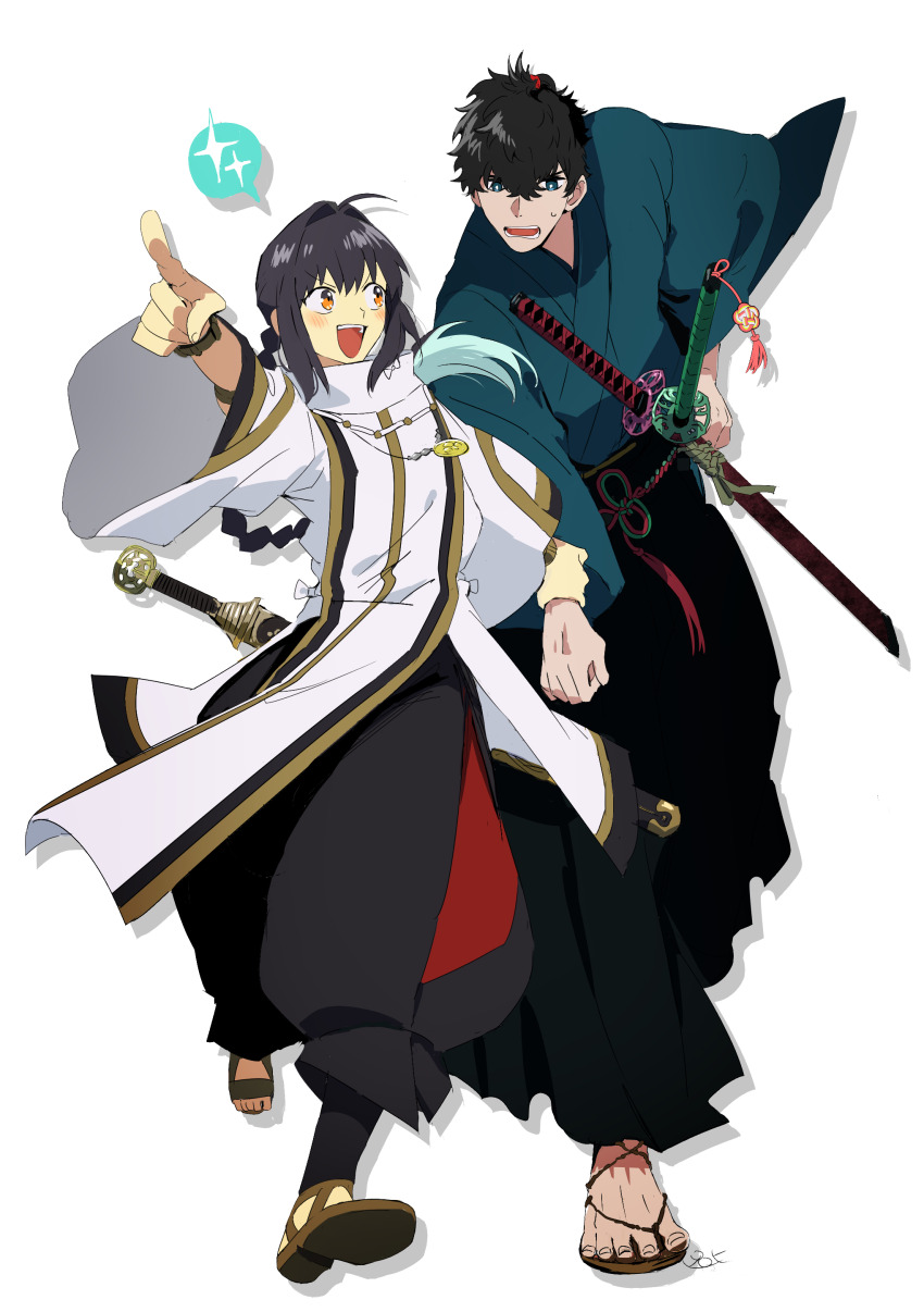 1boy 1other absurdres ahoge amulet black_hair blush braid braided_ponytail brown_hair fate/samurai_remnant fate_(series) full_body hair_between_eyes highres japanese_clothes katana kimono long_hair pirohi_(pirohi214) pointing sword weapon white_background yamato_takeru_(fate)