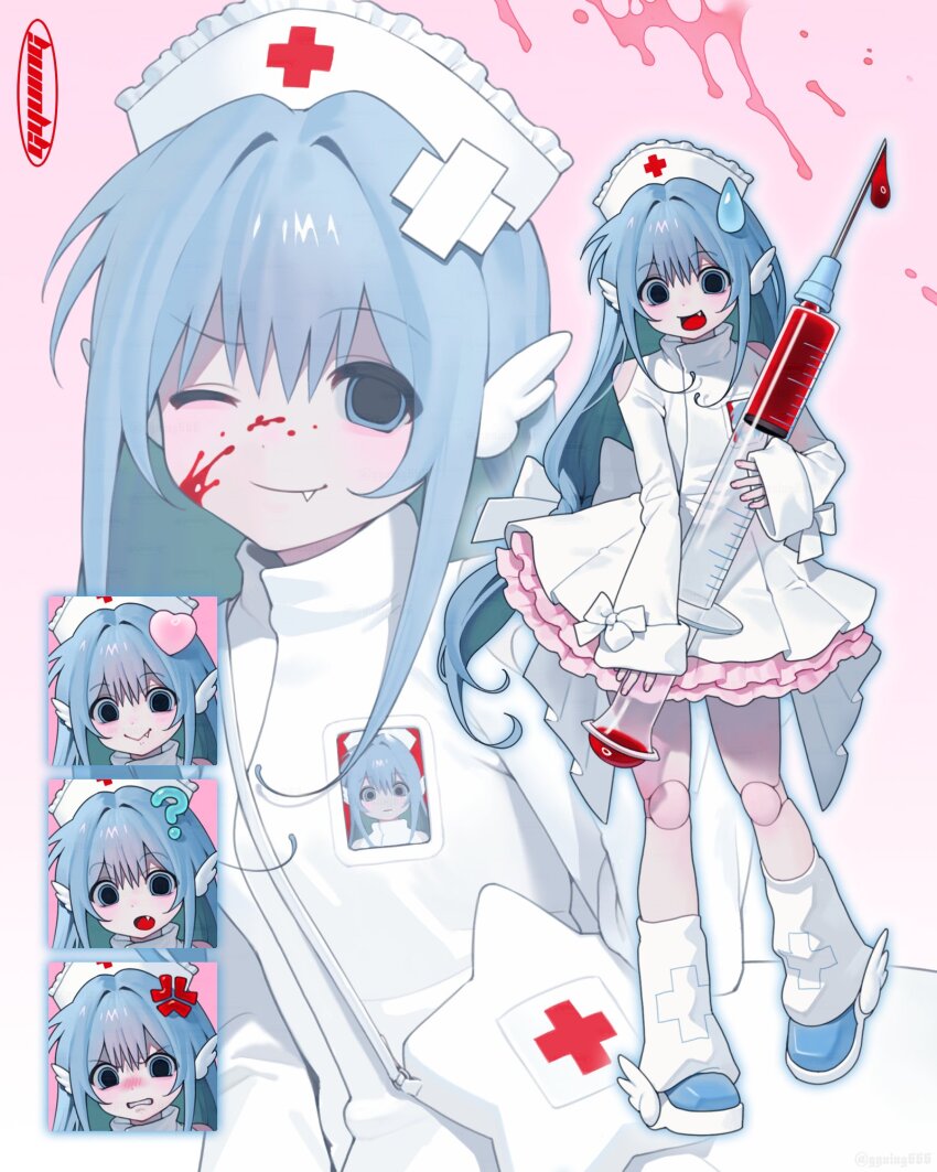 1girl ? anger_vein angry back_bow bag bandaid bandaid_hair_ornament blood blood_on_face blue_eyes blue_hair blue_shoes bow clothing_cutout collared_dress comedic_sweatdrop cross cross_print crossed_bandaids doll_joints dress empty_eyes fang gyuing666 hair_ornament hat heart highres holding holding_syringe joints large_syringe leg_warmers long_hair long_sleeves looking_at_viewer multiple_expressions multiple_views nurse nurse_cap one_eye_closed original outline oversized_object pink_background pink_skirt shoes shoulder_bag shoulder_cutout simple_background skirt sleeves_past_wrists smile star-shaped_bag syringe white_dress winged_shoes wings