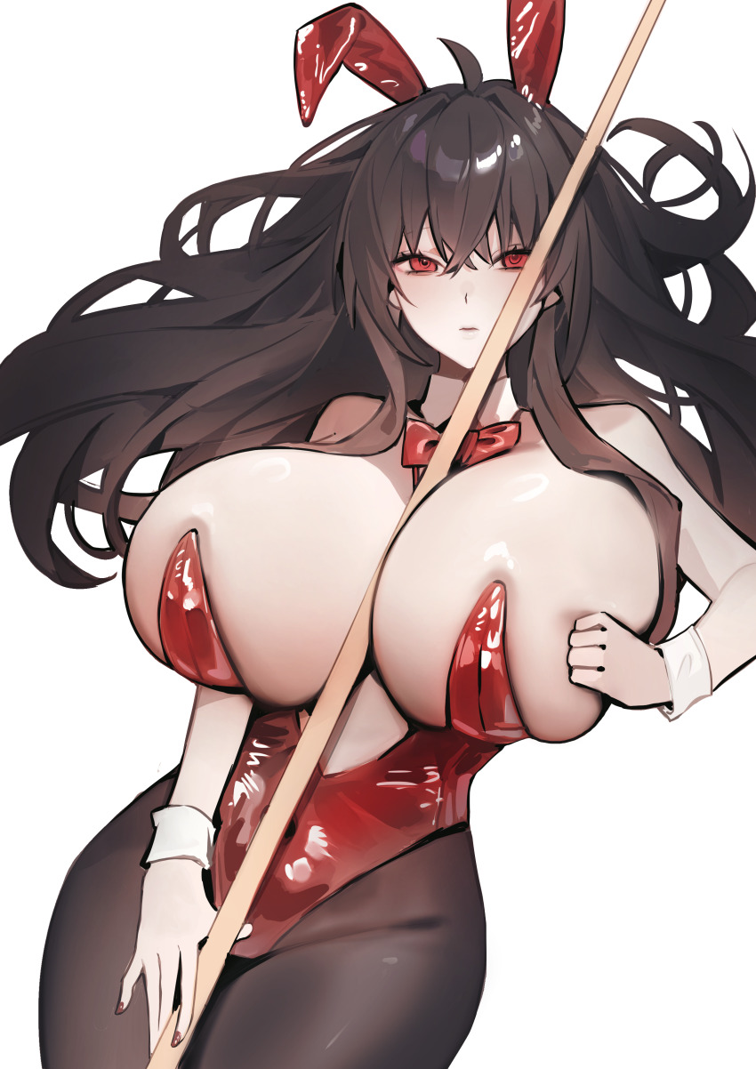 1girl absurdres animal_ear_hairband animal_ears azur_lane bare_shoulders between_breasts black_hair bow bowtie breasts cleavage cue_stick fake_animal_ears hair_between_eyes hairband highres leotard long_hair official_alternate_costume pantyhose playboy_bunny rabbit_ear_hairband rabbit_ears red_bow red_bowtie red_eyes red_leotard solo strapless strapless_leotard susuri taihou_(azur_lane) taihou_(fun_on_the_baize)_(azur_lane) very_long_hair wrist_cuffs