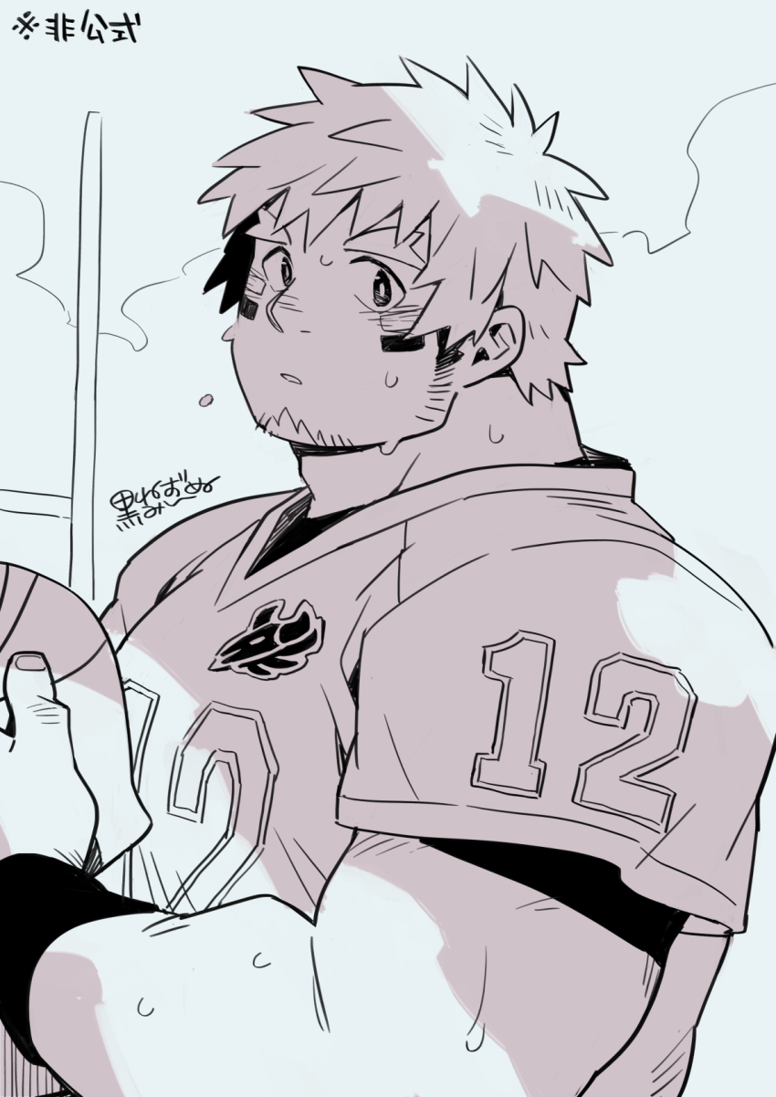 1boy american_football_uniform bara blush facial_hair forked_eyebrows goatee greyscale highres kuro_nezumi_inu looking_at_viewer male_focus monochrome muscular muscular_male no_animal_ears no_horns sideburns_stubble solo spiked_hair sportswear stubble sweat thick_eyebrows tokyo_houkago_summoners upper_body wakan_tanka