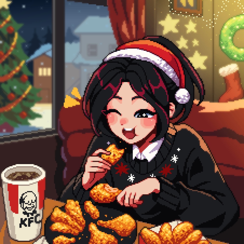 1girl artist_self-insert black_eyes black_hair black_sweater blurry blush chicken_(food) christmas christmas_stocking christmas_tree commentary curtains depth_of_field eating english_commentary food fried_chicken high_ponytail highres indoors kfc night night_sky one_eye_closed open_mouth original pixel_art ponytail sky slice_of_life snow solo star_(sky) star_(symbol) sweater wreath yumykon yumykon_(yumykon)