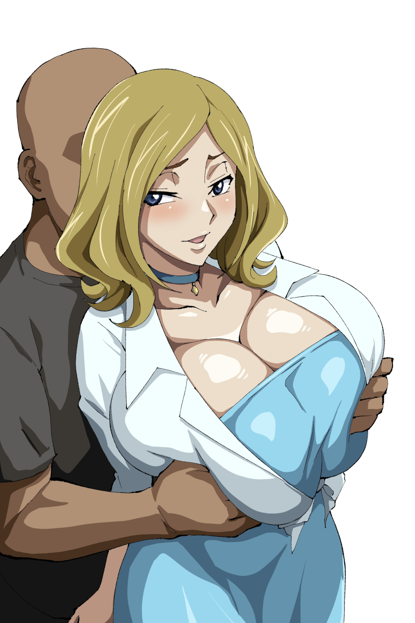 1girl absurdres blonde_hair blue_dress blue_eyes breasts breasts_squeezed_together choker cleavage code_geass dress faceless faceless_male grabbing_another&#039;s_breast groping highres huge_breasts iwao178 jacket medium_hair milly_ashford open_clothes open_jacket open_mouth white_background