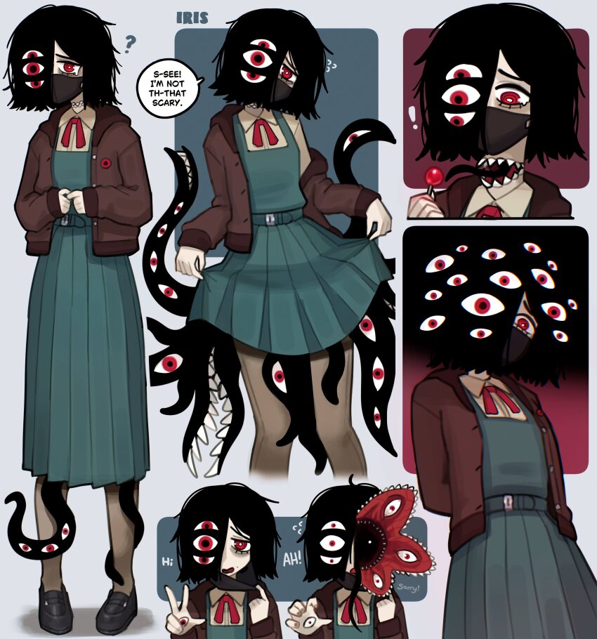 1girl absurdres black_hair black_tongue blue_dress brown_jacket candy character_name collared_shirt dress eldritch_abomination english_text food highres holding holding_candy holding_food holding_lollipop jacket justadrian_(yoadriandk) lollipop making-of_available mask monster_girl mouth_mask multiple_views neckerchief original pleated_dress red_eyes red_neckerchief school_uniform shirt short_hair tears tentacles tentacles_under_clothes too_many_eyes white_shirt