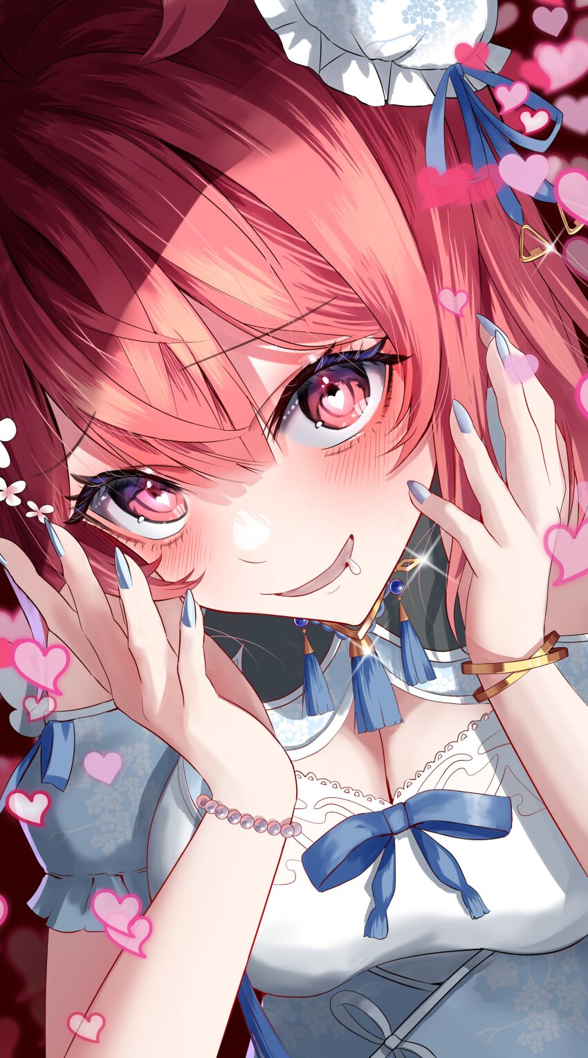 1girl absurdres ahoge bare_shoulders blue_ribbon blush bracelet breasts chinese_clothes cleavage_cutout clothing_cutout dress drooling dutch_angle fingernails from_above furrowed_brow hair_between_eyes hair_bun hands_on_own_cheeks hands_on_own_face heart heart-shaped_pupils highres jewelry looking_at_viewer medium_breasts mouth_drool naughty_face open_mouth pink_eyes pink_hair ribbon short_hair solo symbol-shaped_pupils tassel upper_body virtual_youtuber vspo! white_dress yumeno_akari yusuke_(shiota)