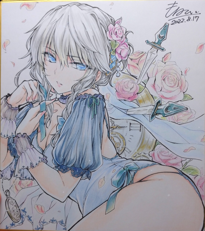 1girl absurdres alternate_costume analog_clock blue_dress blue_eyes breasts choker cleavage clock commentary_request dated dress falling_petals flower grey_hair hair_flower hair_ornament highres izayoi_sakuya knife long_hair looking_at_viewer monety petals pink_flower pink_rose pocket_watch roman_numeral rose shikishi short_sleeves signature solo thighs touhou traditional_media watch wrist_cuffs