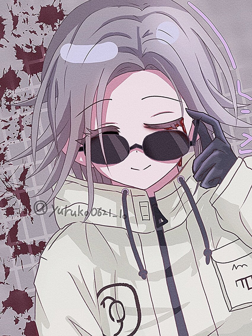 1boy aotsuki_eito black_gloves blood blood_splatter bloody_tears closed_mouth drawstring gloves grey_background grey_hair highres jacket long_hair male_focus parted_hair simple_background smile solo solo_focus sunglasses the_hundred_line_-last_defense_academy- white_jacket zipper zipper_pull_tab