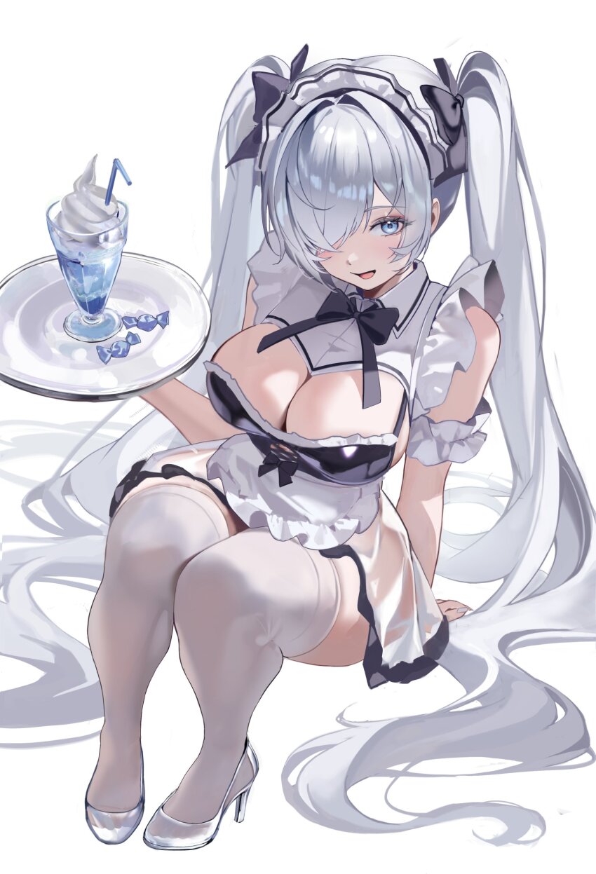 absurdres black_bow blue_eyes bow candy cinderella_(nikke) food glass_slipper goddess_of_victory:_nikke highres maid sitting smile soda solo thighhighs uyuri_(89976220) white_background white_hair