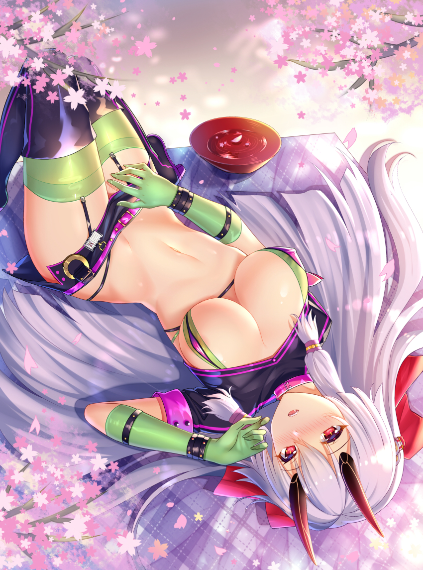 1girl absurdres bikini blush boots breasts cosplay covered_erect_nipples fate/grand_order fate_(series) female_focus florence_nightingale_(fate) florence_nightingale_(fate)_(cosplay) florence_nightingale_(trick_or_treatment)_(fate) florence_nightingale_(trick_or_treatment)_(fate)_(cosplay) garter_straps gloves green_gloves green_thighhighs grey_hair hair_between_eyes highres large_breasts long_hair looking_at_viewer miniskirt navel official_alternate_costume open_mouth ponytail pussy_juice red_eyes sannio skirt slit_pupils solo swimsuit thigh_boots thighhighs tomoe_gozen_(fate)