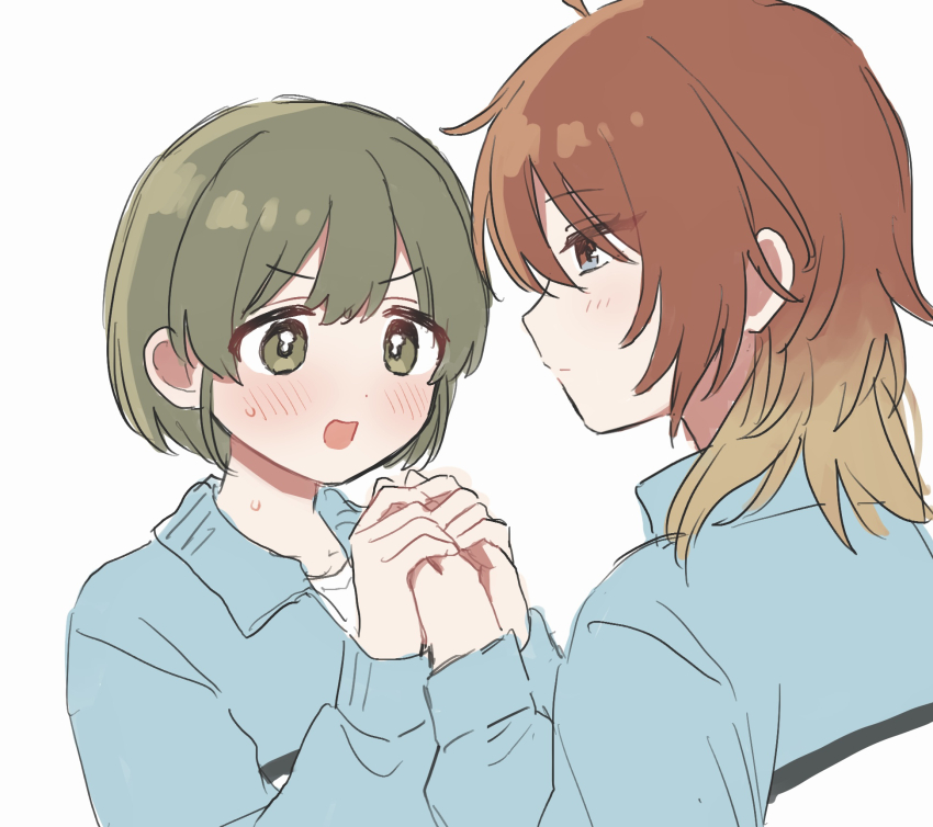 2girls :o aketa_mikoto blush brown_hair chiyoko_(tykchiyo) commentary green_hair highres holding_hands idolmaster idolmaster_shiny_colors jacket multiple_girls nanakusa_nichika simple_background sweatdrop track_jacket upper_body white_background yuri