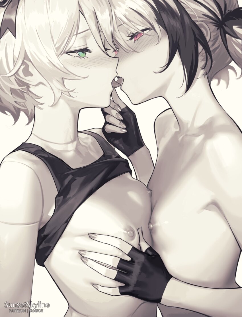 2girls blush cecilia_immergreen clothes_lift commentary doll doll_joints english_commentary fingerless_gloves flat_chest french_kiss gigi_murin gloves green_eyes hand_on_another&#039;s_chest highres hololive hololive_english joints kiss multicolored_hair multiple_girls nipples pink_eyes shirt_lift short_hair spot_color streaked_hair sunset_skyline tank_top upper_body virtual_youtuber yuri