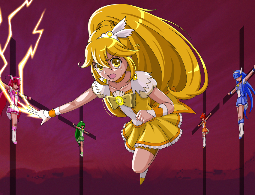 5girls aoki_reika blonde_hair blue_hair cross crucifixion cure_beauty cure_happy cure_march cure_peace cure_sunny flying green_hair highres hino_akane_(smile_precure!) hoshizora_miyuki kise_yayoi long_hair magical_girl midorikawa_nao multiple_girls open_mouth parody precure purushapura red_background red_hair sky smile_precure! tears ultra_series ultraman_ace yellow_eyes