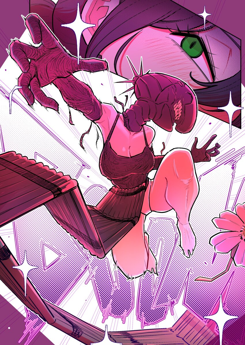 1girl absurdres apron barefoot bomb_devil_(chainsaw_man) breasts chainsaw_man cleavage dynamite elbow_gloves explosive flower gloves green_eyes highres large_breasts lywslanket object_head outstretched_arm panties pink_flower pink_panties purple_apron purple_gloves purple_hair reze_(chainsaw_man) underwear