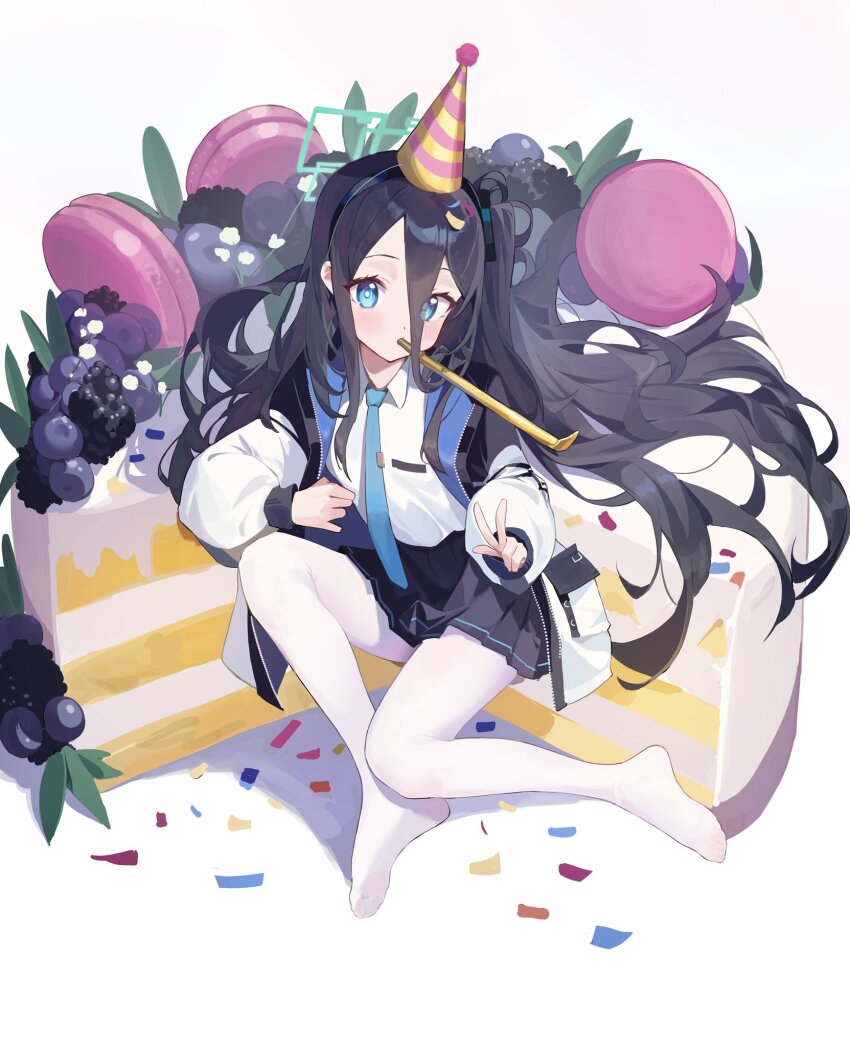 aris_(blue_archive) blue_archive cake food hat highres pantyhose party_hat pleated_skirt school_uniform skirt suye victory_pose white_pantyhose