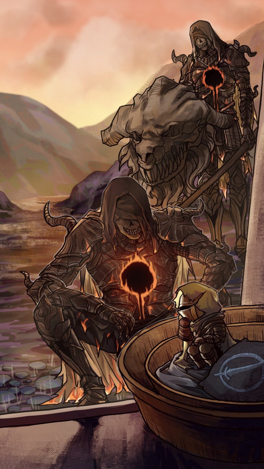 3boys armor black_armor black_sun blurry blurry_background cape character_request chinese_commentary commentary_request dark_souls_(series) dark_souls_iii full_body hand_on_own_face highres holding holding_polearm holding_shield holding_weapon hood hood_up hooded_cape male_focus multiple_boys outdoors polearm ringed_knight_(dark_souls) shield sitting skull squatting standing sun tworain_w weapon