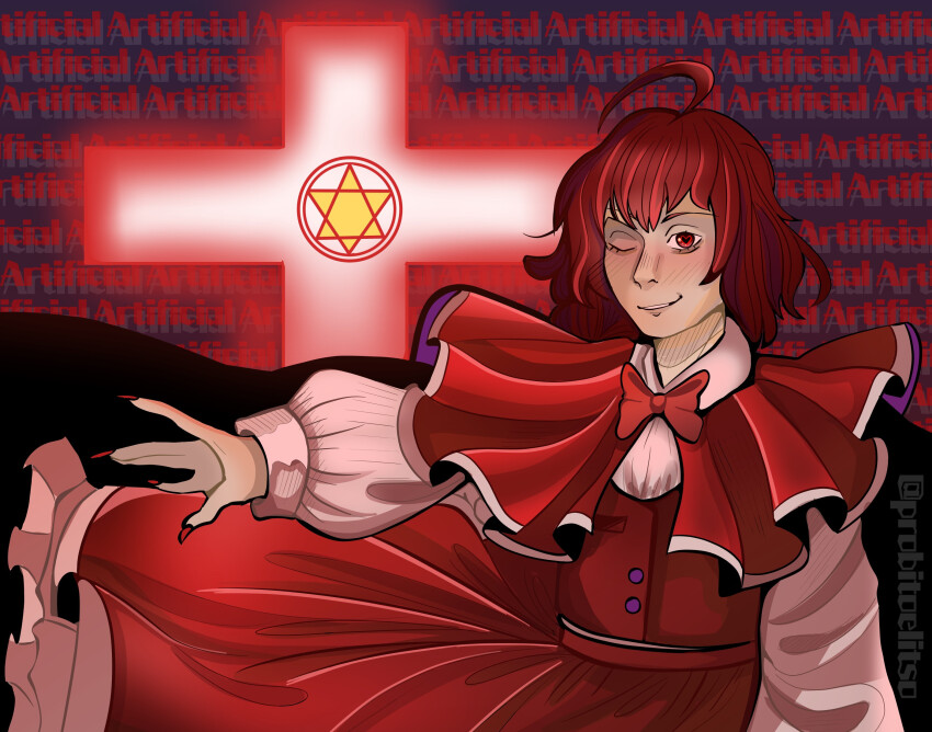1girl artist_name azure_haze blush bow bowtie buttons cape capelet cross dress english_text hexagram highres long_sleeves looking_at_viewer okazaki_yumemi phantasmagoria_of_dim.dream red_bow red_capelet red_eyes red_hair red_vest shirt smirk touhou touhou_(pc-98) vest watermark