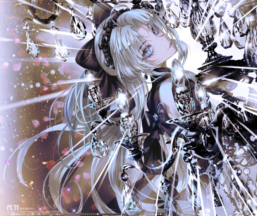 1girl black_bow black_hairband black_jacket blue_eyes bow candlestand carlotta_(wuthering_waves) commentary dark_persona earrings grey_hair hair_bow hairband jacket jewelry long_hair looking_at_viewer parted_lips smile solo very_long_hair wu_yu_wuyu wuthering_waves