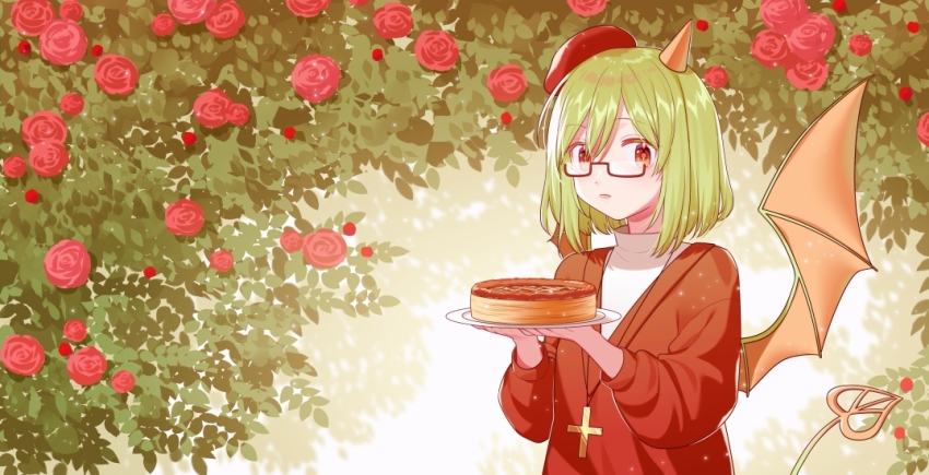 1girl beret cake cross cross_necklace demon_girl demon_tail demon_wings flower food funamusea green_hair green_theme green_wings haiiro_teien hat holding holding_plate horns hui_yan jewelry leaf looking_at_viewer necklace open_mouth plate red-framed_eyewear red_eyes red_flower red_hat red_sweater semi-rimless_eyewear shirt short_hair sidelocks single_horn solo sweater tail white_shirt wings yosafire_(funamusea)