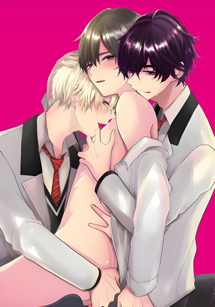 3boys absurdres ass blush boys_love ears ginga_(konna_no_unmei_janai_kara_kanchigai_shinaide) ginga_saeshiro_(konna_no_unmei_janai_kara_kanchigai_shinaide) grabbing_another&#039;s_ass grabbing_another&#039;s_head grabbing_from_behind groping highres implied_yaoi konna_no_unmei_janai_kara_kanchigai_shinaide kouetsu_kazumata_(konna_no_unmei_janai_kara_kanchigai_shinaide) multiple_boys nipples partially_nude_male pink_background sex sexually_suggestive sweat sweatdrop tagme tongue yaoi yuuzen_(konna_no_unmei_janai_kara_kanchigai_shinaide) yuuzen_kiragaya_(konna_no_unmei_janai_kara_kanchigai_shinaide)