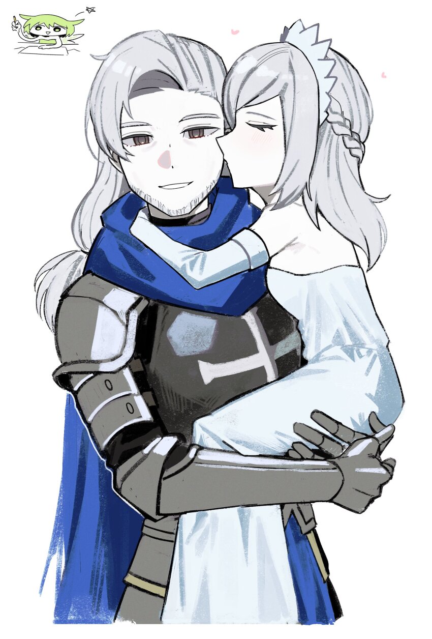 1boy 2girls absurdres age_switch aged_down aged_up asdf1211950 beard_stubble black_souls blue_cape brown_eyes cape cinderella_(black_souls) dress elbow_gloves facial_hair gloves grey_armor grey_hair highres izu_(black_souls) kiss kissing_cheek leaf_(black_souls) long_hair low-tied_long_hair mother_and_son multiple_girls open_mouth simple_background smile strapless strapless_dress stubble white_background white_dress white_gloves