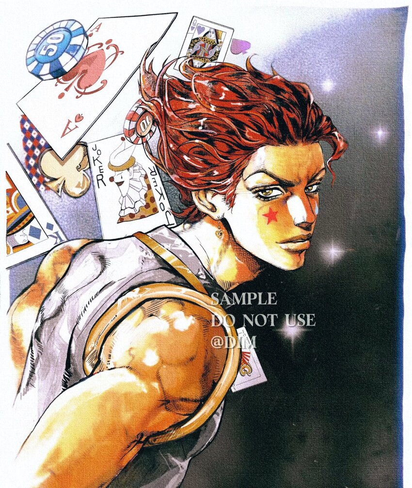 1980s_(style) 1boy ace_(playing_card) ace_of_spades araki_hirohiko_(style) card club_(shape) crop_top dark_background dim_7976 earrings facial_mark from_side hair_slicked_back heart heart_earrings highres hisoka_morow hunter_x_hunter jewelry jojo_no_kimyou_na_bouken joker_(playing_card) king_(playing_card) looking_at_viewer male_focus mark_under_both_eyes marking_on_cheek oldschool parody parted_lips playing_card poker_chip queen_(playing_card) red_hair retro_artstyle short_hair sleeveless smile solo spade_(shape) star_(sky) star_(symbol) star_facial_mark style_parody tattoo teardrop_facial_mark teardrop_tattoo upper_body v-shaped_eyebrows yellow_eyes