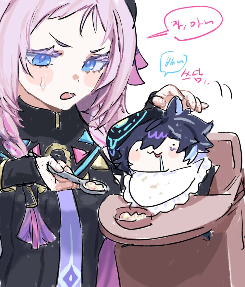 1boy 1girl :3 aged_down animal_ears baby bat_ears bib black_hair black_hood black_leotard black_sleeves blue_eyes blue_hair blunt_tresses bowl bracelet braid chair citlali_(genshin_impact) colored_eyelashes drooling feeding fingernails forehead genshin_impact gold grandmother_and_grandson hair_over_shoulder hair_tubes heattech_leotard highres holding holding_spoon jewelry korean_text large_forehead leotard light_blue_hair looking_at_another lower_teeth_only multicolored_hair necktie open_hand open_mouth ororon_(genshin_impact) parted_lips pink_hair pink_pupils purple_necktie short_eyebrows sidelocks sitting sketch spoon streaked_hair sweatdrop syubbing1 teeth tongue translation_request triangle_print turtleneck twin_braids v-shaped_eyebrows