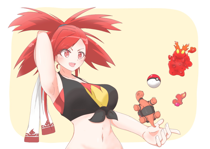 1girl arm_behind_head badge breasts flannery_(pokemon) gen_2_pokemon gen_3_pokemon badge_(pokemon) hachimitsu_shitate highres large_breasts navel nintendo open_mouth poke_ball poke_ball_(basic) pokemon pokemon_(creature) pokemon_oras red_eyes red_hair slugma solo torkoal upper_body