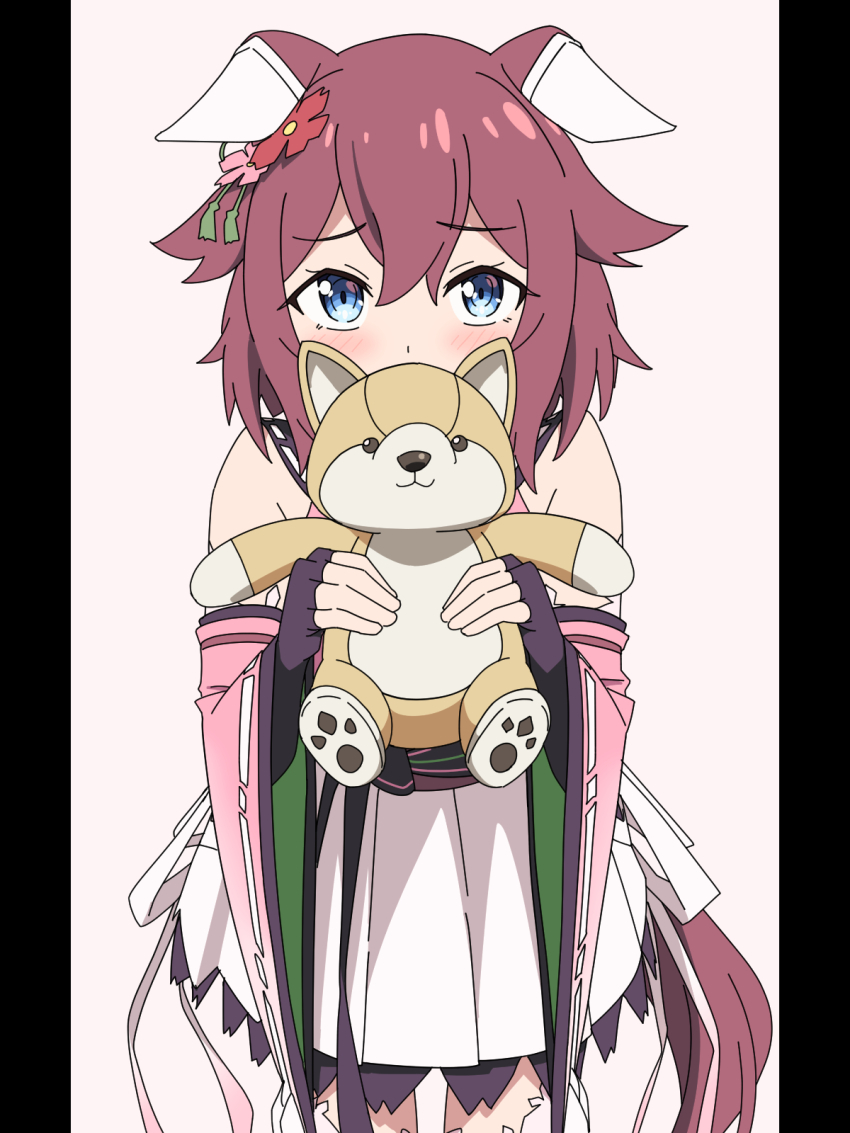 1girl animal_ears baasaku_(balasaku24) blue_eyes blush commentary_request covering_own_mouth detached_sleeves fingerless_gloves gloves hair_between_eyes hair_flaps hair_ornament highres holding horse_ears horse_girl looking_at_viewer pink_hair sakura_chiyono_o_(umamusume) simple_background solo stuffed_animal stuffed_dog stuffed_toy thighhighs translation_request umamusume