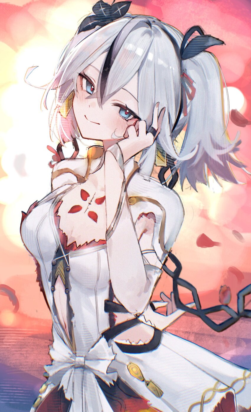 1girl black_flower blake_bloom_(wuthering_waves) blue_eyes breasts camellya_(wuthering_waves) closed_mouth clothing_cutout collar collarbone commentary cowboy_shot dress earrings flower gold_earrings grey_hair hair_flower hair_ornament hair_vines hand_on_own_face hand_up highres hiromi_two jewelry light_blush looking_at_viewer navel red_pupils short_hair sideless_dress small_breasts smile solo stomach_cutout symbol-only_commentary tacet_mark_(wuthering_waves) white_collar white_dress wuthering_waves