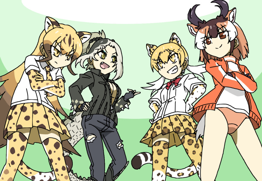4girls animal_ears animal_print black_gloves black_hair black_pants blonde_hair boots bow bowtie breast_pocket breasts brown_eyes brown_hair buruma cheetah_(kemono_friends) cheetah_ears cheetah_girl leopard_print cheetah_tail closed_mouth collared_shirt colored_inner_hair crocodile_girl crocodilian_tail crossed_arms denim elbow_gloves extra_ears eyelashes eyeshadow fang feet_out_of_frame fingerless_gloves gloves green_eyes green_hair green_jacket grin hair_between_eyes hand_on_own_hip hands_on_own_hips hands_up high_ponytail horizontal_pupils horns jacket jeans kemono_friends kemono_friends_2 leaning_forward legs_apart leopard_(kemono_friends) leopard_ears leopard_girl leopard_print leopard_tail light_brown_hair long_hair long_sleeves looking_at_another makeup medium_breasts medium_hair miniskirt multicolored_hair multiple_girls necktie no_bra open_clothes open_jacket open_mouth orange_buruma orange_jacket pants partially_unzipped pleated_skirt pocket ponytail print_gloves print_necktie print_skirt print_thighhighs pronghorn_(kemono_friends) red_bow red_bowtie saltwater_crocodile_(kemono_friends) shirt short_sleeves skirt slit_pupils smile spiked_jacket spiked_sleeves spikes sportswear srd_(srdsrd01) standing tail thighhighs torn_clothes torn_jeans torn_pants track_jacket twintails two-tone_hair very_long_hair white_hair white_shirt wing_collar yellow_eyes zettai_ryouiki zipper zipper_pull_tab