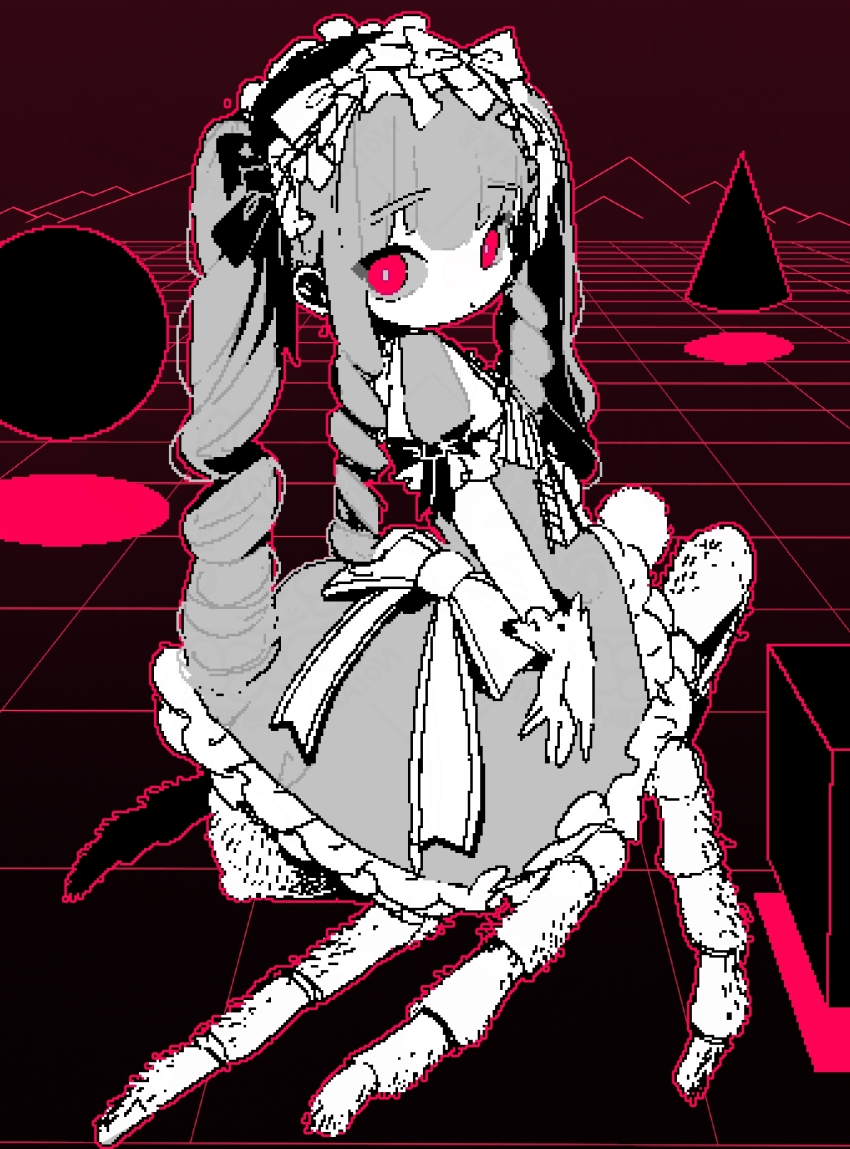 1girl absurdres arachne arthropod_girl back_bow bow dress dress_bow drill_hair full_body gloves grey_hair highres insect_girl long_hair looking_at_viewer looking_back maiandkoh maid maid_headdress monster_girl original puffy_short_sleeves puffy_sleeves red_eyes red_theme short_sleeves sidelocks solo spider_girl spot_color taur very_long_hair