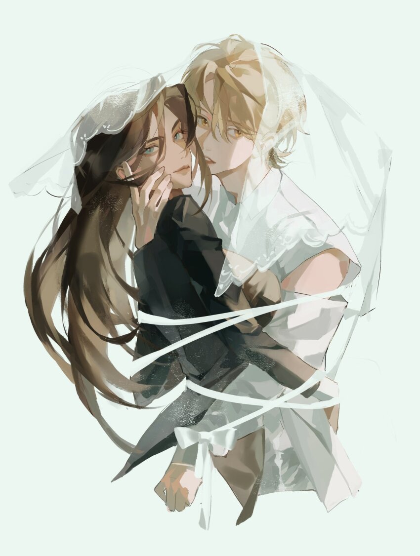 1boy 1girl alien_stage arm_cutout black_jacket blonde_hair brown_hair collared_shirt commentary grey_eyes hand_around_neck hashtag-only_commentary highres hyuna_(alien_stage) jacket kakyoriya long_sleeves luka_(alien_stage) see-through_clothes see-through_veil shirt short_hair veil white_shirt yellow_eyes